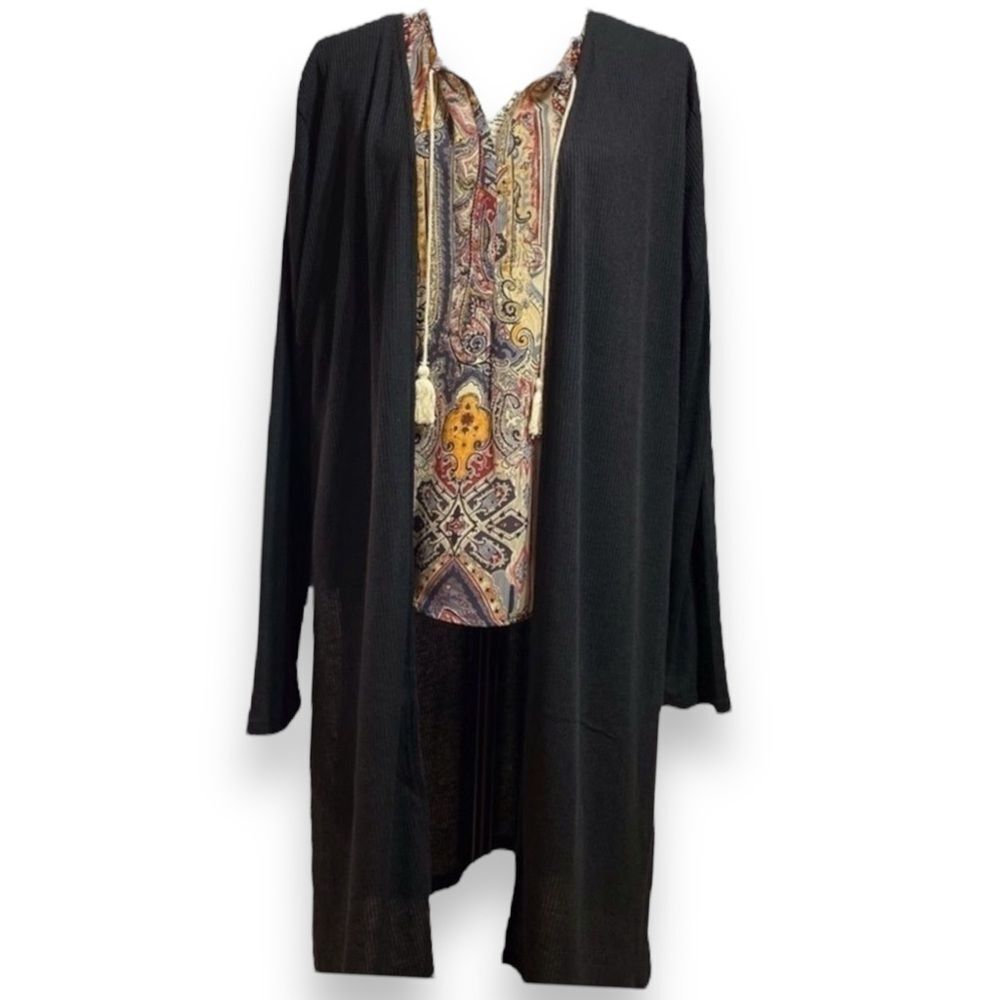 Black Open Front Side Split Mid Length Rib Knit C… - image 2